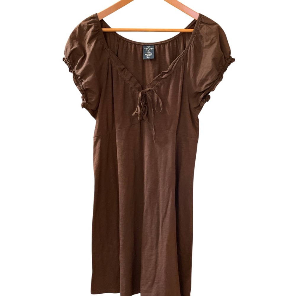 Faded Glory Baby Doll Dress Brown Lace Up Peasant Bohemian Cottagecore